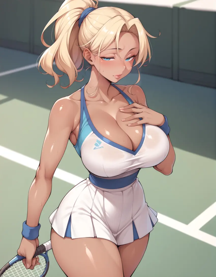 Image 1girls,breasts,clothing,female,large_breasts,looking_at_viewer,thick_thighs,thighs,athletic,ai_generated,solo_female,blonde_hair,slim_waist,athletic_female,lewdwaifulaifu,dressed,tennis_uniform,tennis_racket,tennis_court