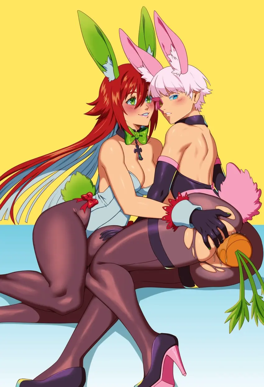 Image 1girls,blush,breasts,female,large_breasts,long_hair,white_hair,1boy,blue_eyes,male,short_hair,choker,red_hair,anal,femboy,trap,fat_ass,green_eyes,bunny_ears,bunny_girl,detached_collar,presenting,high_heels,bunny_tail,bunnysuit,playboy_bunny,large_ass,presenting_hindquarters,leotard,strapless_leotard,carrot,pantyhose,torn_pantyhose,anal_insertion,bowtie,ripped_clothing,bunny_boy,male_playboy_bunny,wrist_cuffs,skintight,carrot_in_ass,guilty_gear,guilty_gear_strive,carrot_dildo,jack-o'_valentine,asuka_r._kreutz,cherrypicmilk