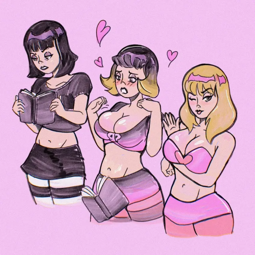 Image blush,breasts,brown_eyes,female,female_only,large_breasts,simple_background,black_hair,tongue_out,tongue,cleavage,collarbone,midriff,blonde_hair,wink,artist_request,skirt,alternate_costume,heart,makeup,lipstick,book,femsub,transformation,goth,before_and_after,breast_expansion,leggings,black_lipstick,hair_growth,alternate_hair_color,short_skirt,holding_breasts,source_request,bimbofication,one_eye_open,triana_orpheus,venture_brothers