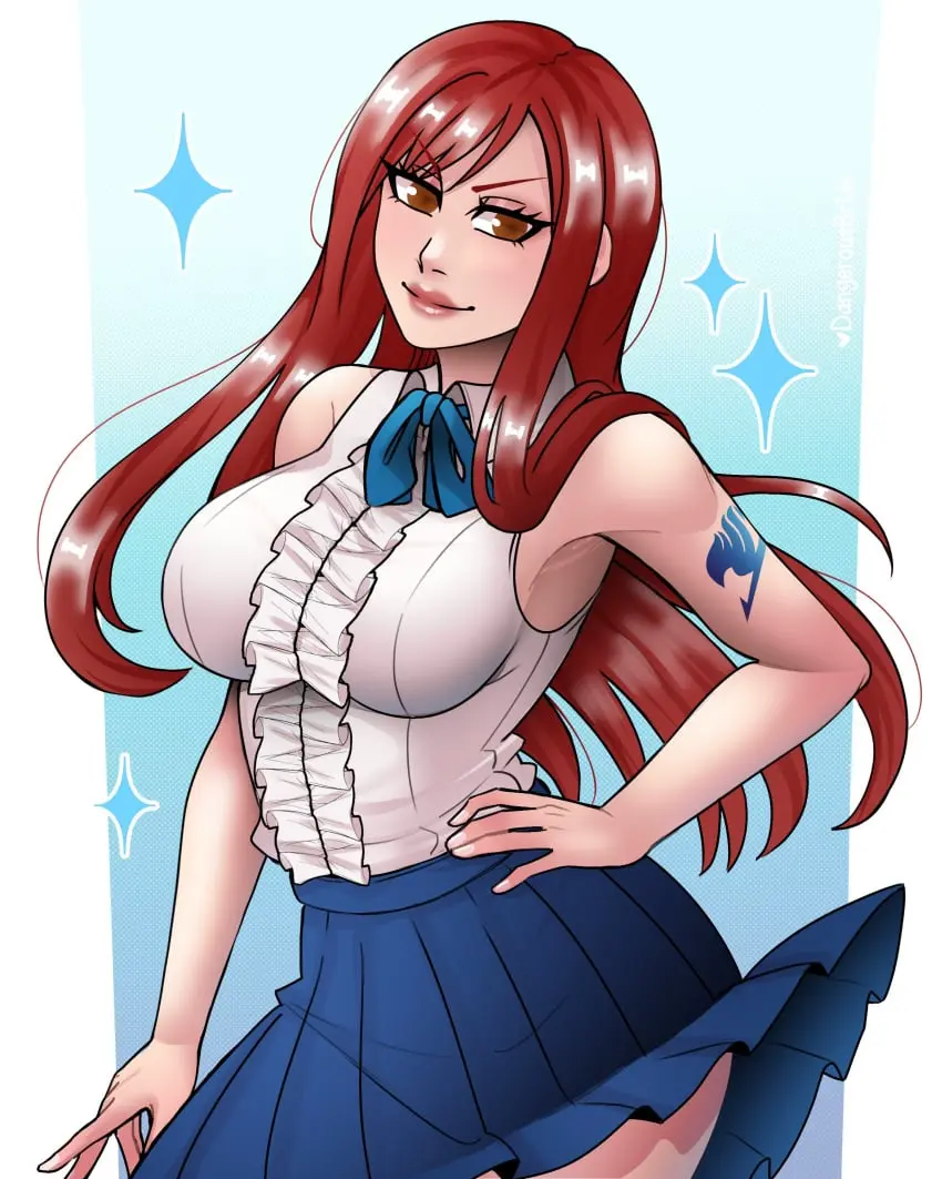Image 1girls,brown_eyes,clothing,female,female_only,long_hair,looking_at_viewer,solo,red_hair,smiling,smiling_at_viewer,tattoo_on_arm,hand_on_hip,skirt,sparkles,red_lips,erza_scarlet,fairy_tail,very_high_resolution,dangerousbride