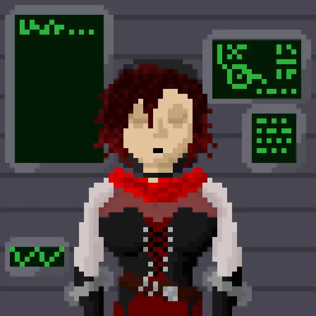 Image female,red_hair,drool,original,grey_eyes,restrained,animated,femsub,transformation,pixel_art,rwby,symbol,ruby_rose,tech_control,dronification,robotization,progress_indicator,sage_of_shadows