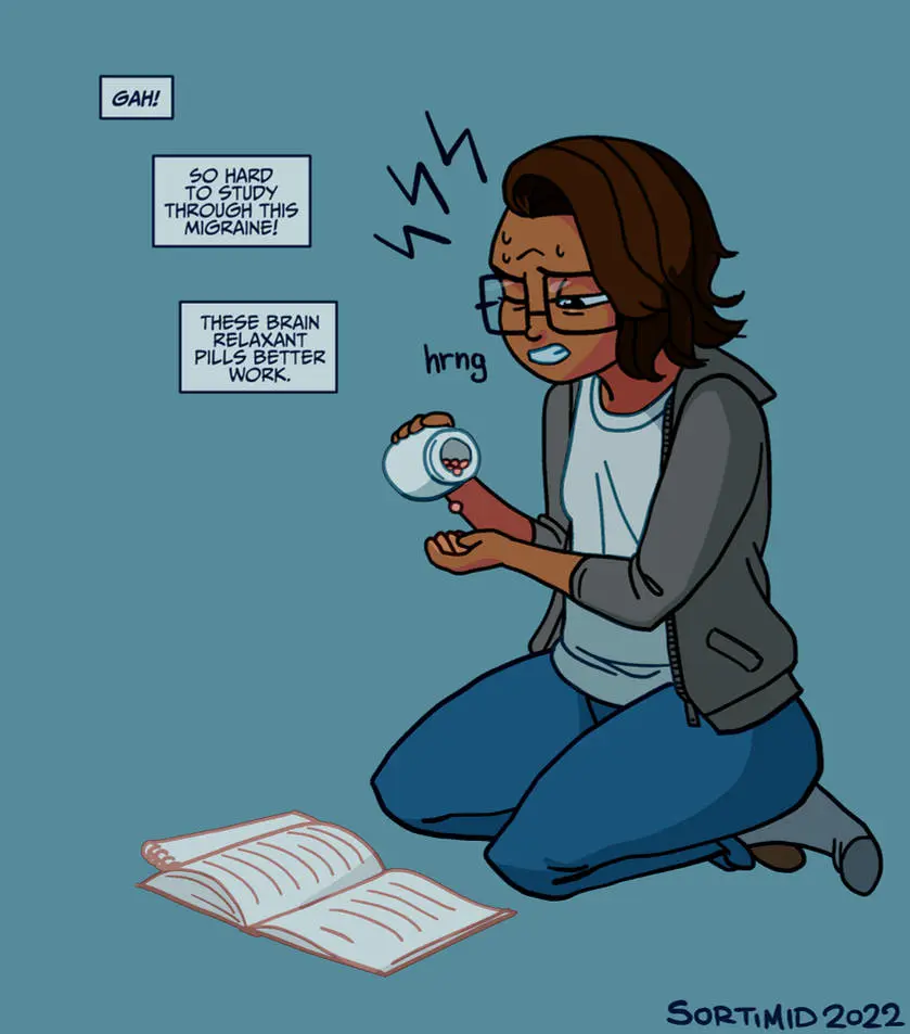 Image 1girls,clothed,clothing,female,female_only,simple_background,solo,dark_skin,solo_female,glasses,text,brown_hair,sweatdrop,comic,dated,signature,transformation,thought_bubble,dressed,drugs,notebook,pre-transformation,sortimid