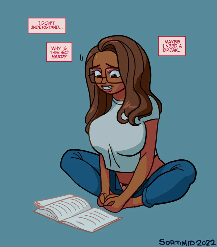Image breasts,clothed,female,female_only,large_breasts,simple_background,solo,dark_skin,glasses,text,brown_hair,comic,femsub,transformation,thought_bubble,breast_expansion,drugs,bimbofication,brain_drain,mid_transformation,sortimid