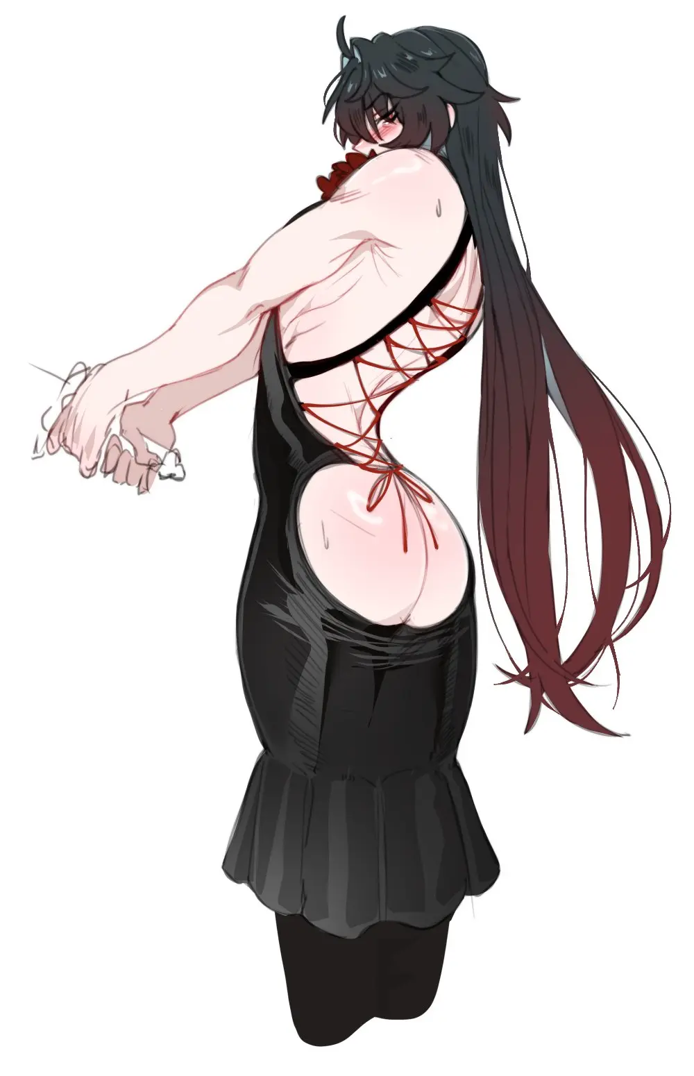 Image long_hair,solo,very_long_hair,1boy,black_hair,male,sweat,ass,looking_back,gradient_hair,sweatdrop,solo_male,honkai:_star_rail,honkai_(series),backless_outfit,blade_(honkai:_star_rail),backless_dress,ass_window,ilewdha,assless_dress