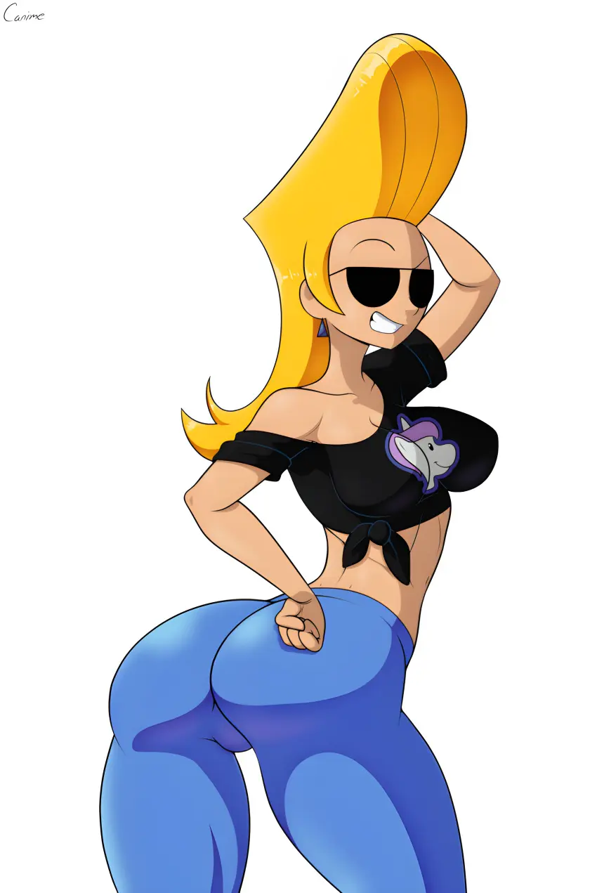 Image blonde_hair,back_view,sunglasses,rule_63,cartoon_network,gender_transformation,black_shirt,genderswap_(mtf),genderswap,jenny_bravo,johnny_bravo_(series),body_swap,tight_jeans,canime