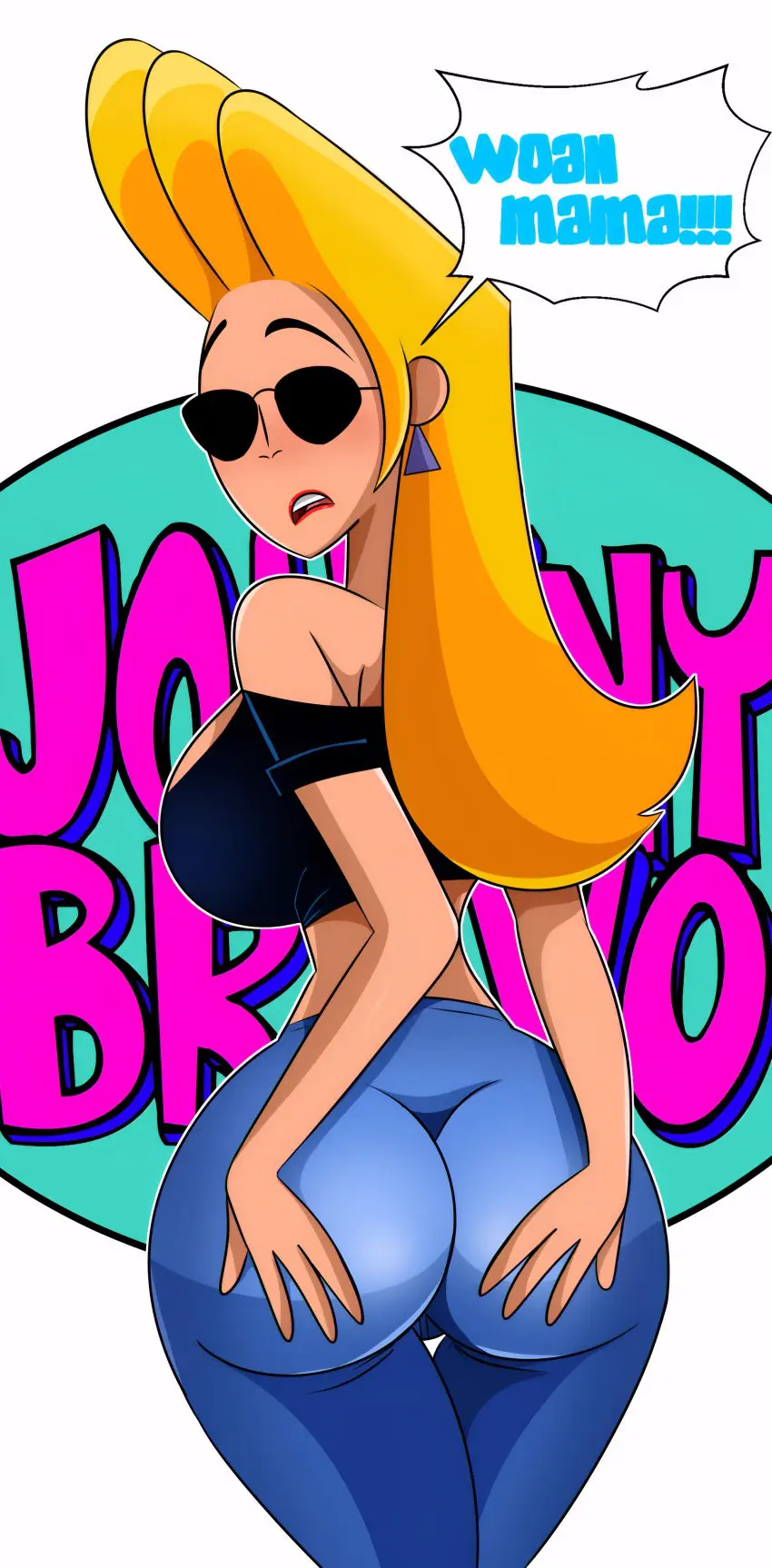 Image clothing,female,grabbing_own_ass,blonde_hair,ass_grab,lipstick,back_view,blonde_female,sunglasses,rule_63,tinted_eyewear,cartoon_network,gender_transformation,genderswap_(mtf),genderswap,tight_pants,jenny_bravo,johnny_bravo_(series),sonson-sensei,tight_jeans