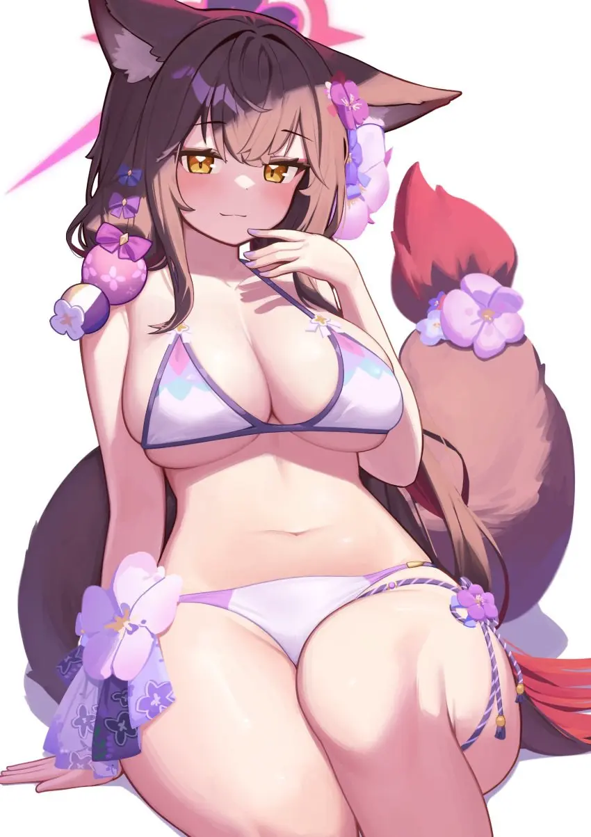 Image blush,female,looking_at_viewer,smile,blue_archive,bikini,seductive,thick_thighs,wide_hips,sitting,swimsuit,nail_polish,half-closed_eyes,fox_girl,wakamo_(blue_archive),wakamo_(swimsuit)_(blue_archive),large_thighs,painted_nails,arm_at_side,one_arm_up,seven_prisoners_(blue_archive),one_knee_up,deaver