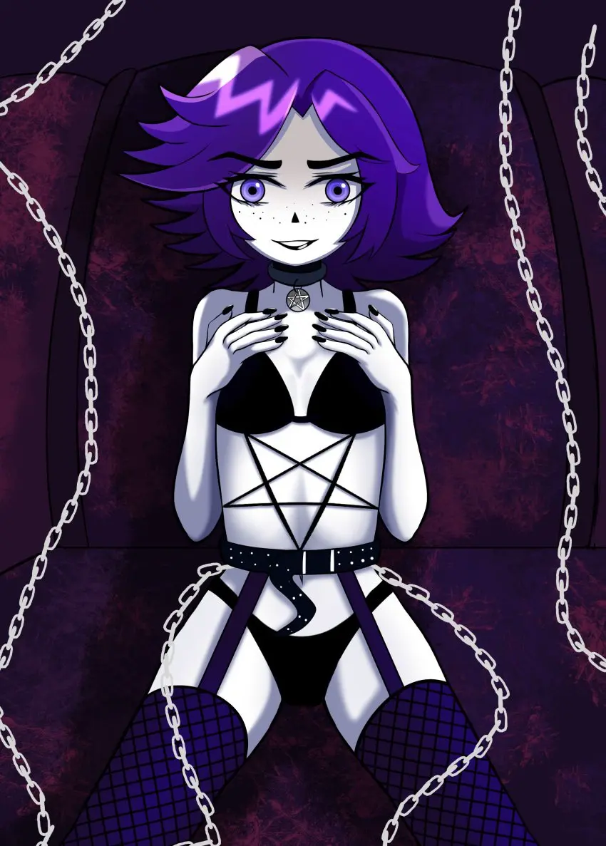 Image 1girls,breasts,female,looking_at_viewer,choker,small_breasts,solo_focus,belt,fishnets,goth,goth_girl,chains,altushka_for_skuf,ksyusha_(afs),everyfrost