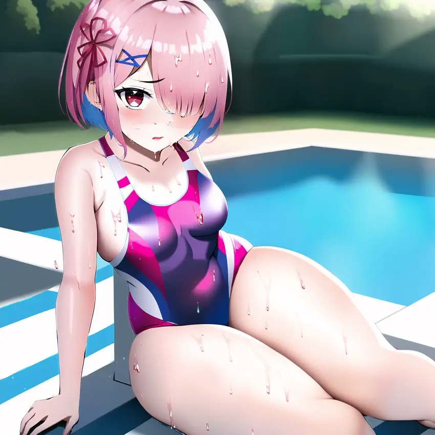 Image 1girls,female,red_eyes,ai_generated,pink_hair,swimsuit,re:zero_kara_hajimeru_isekai_seikatsu,ram_(re:zero)