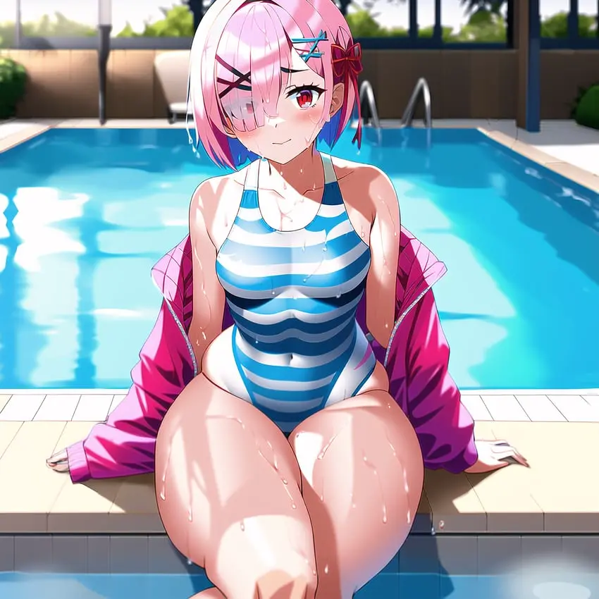 Image red_eyes,bikini,ai_generated,pink_hair,swimsuit,re:zero_kara_hajimeru_isekai_seikatsu,ram_(re:zero)