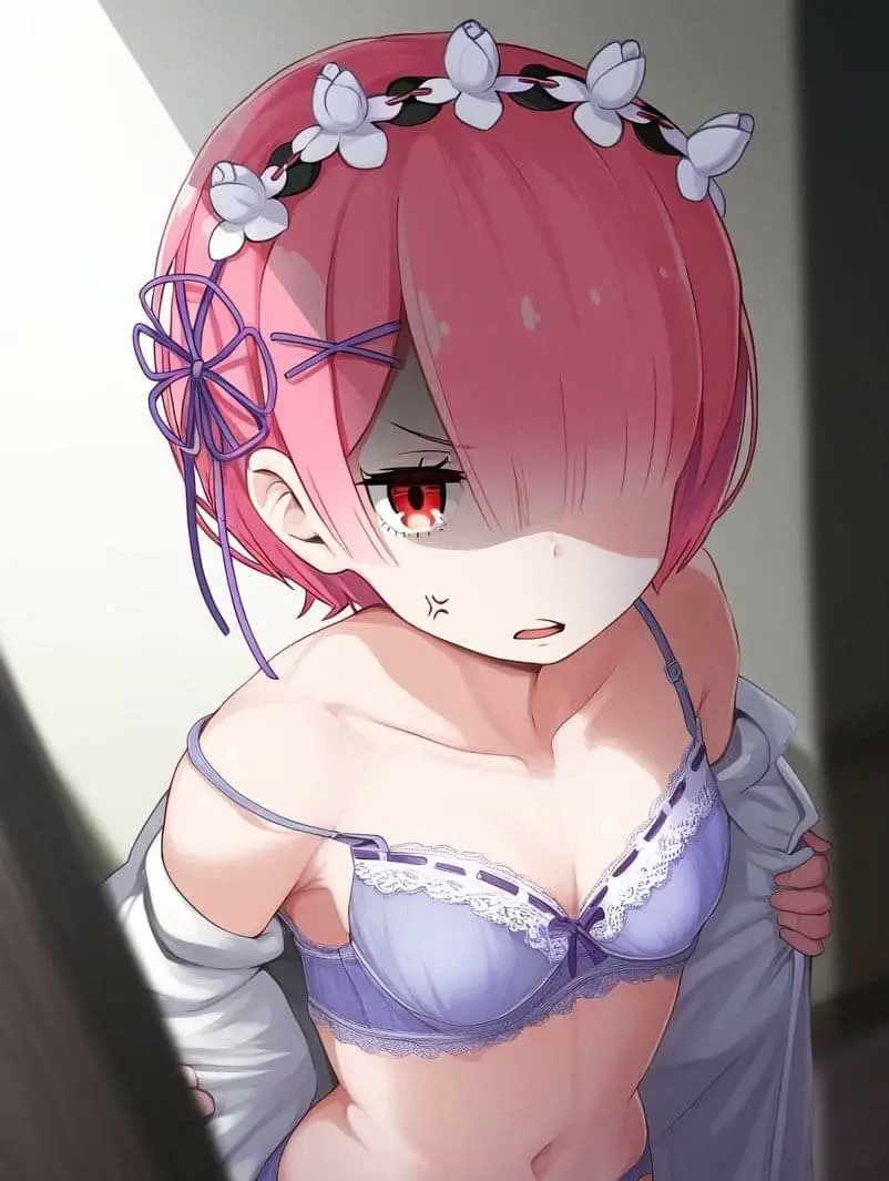Image red_eyes,bra,ai_generated,pink_hair,re:zero_kara_hajimeru_isekai_seikatsu,ram_(re:zero)