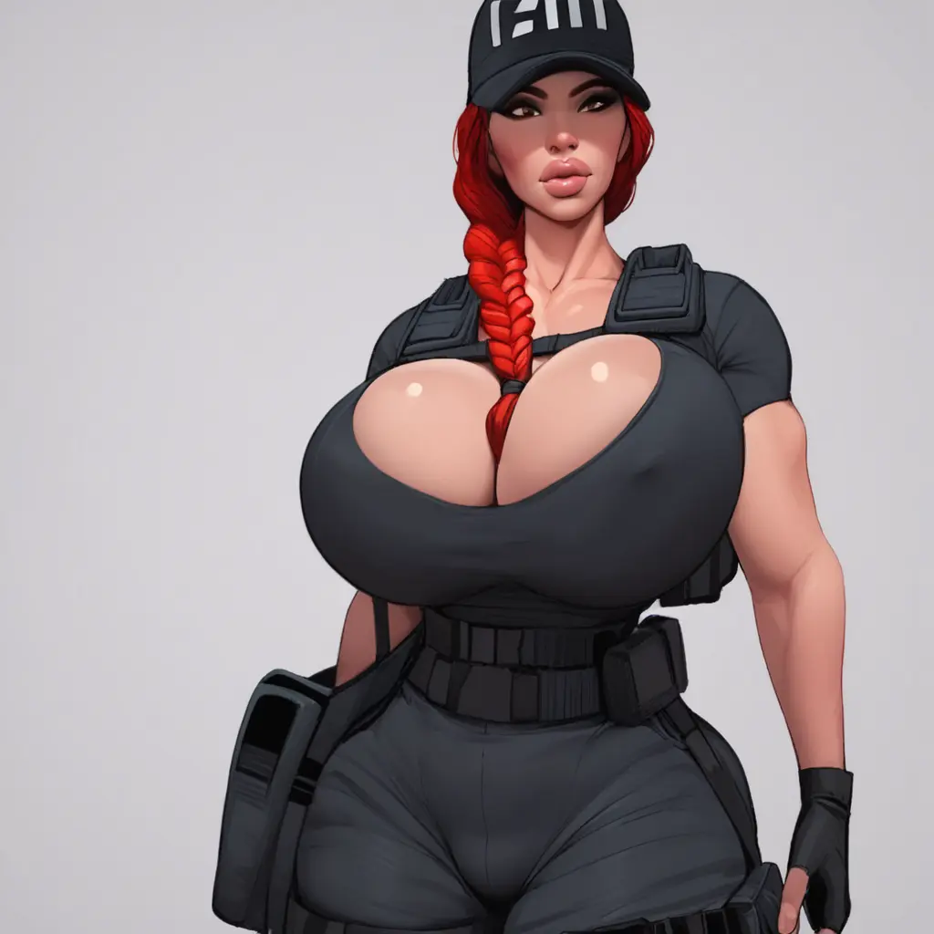 Image big_breasts,breasts,female,large_breasts,red_hair,thick_thighs,ai_generated,cleavage,huge_breasts,thick,braid,cameltoe,fit,fit_female,bimbo,comission,rookybooky,military,vest,rainbow_six_siege,bimbo_lips,ash_(rainbow_six)