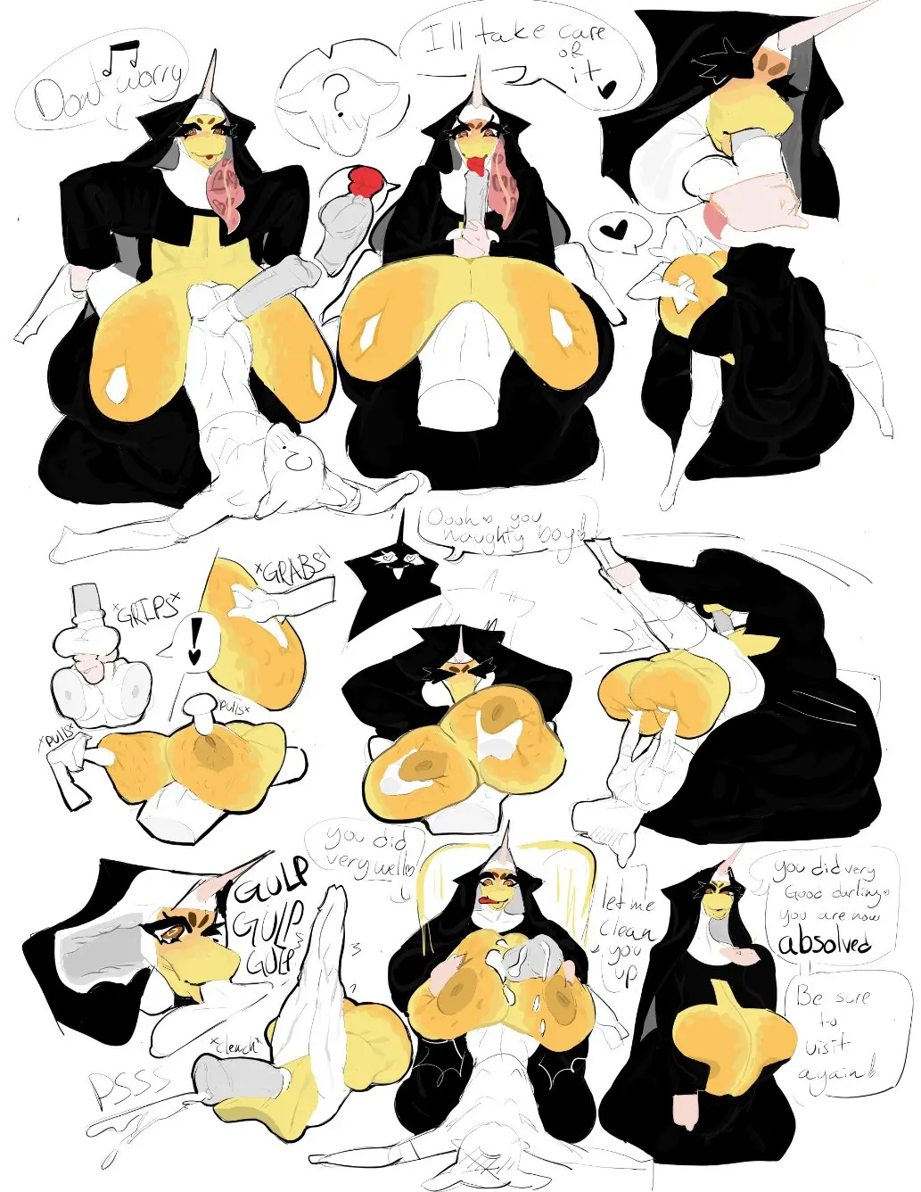 Image 1girls,breasts,female,large_breasts,1boy,male,penis,paizuri,sagging_breasts,horsecock,yellow_skin,nun,cowhourr