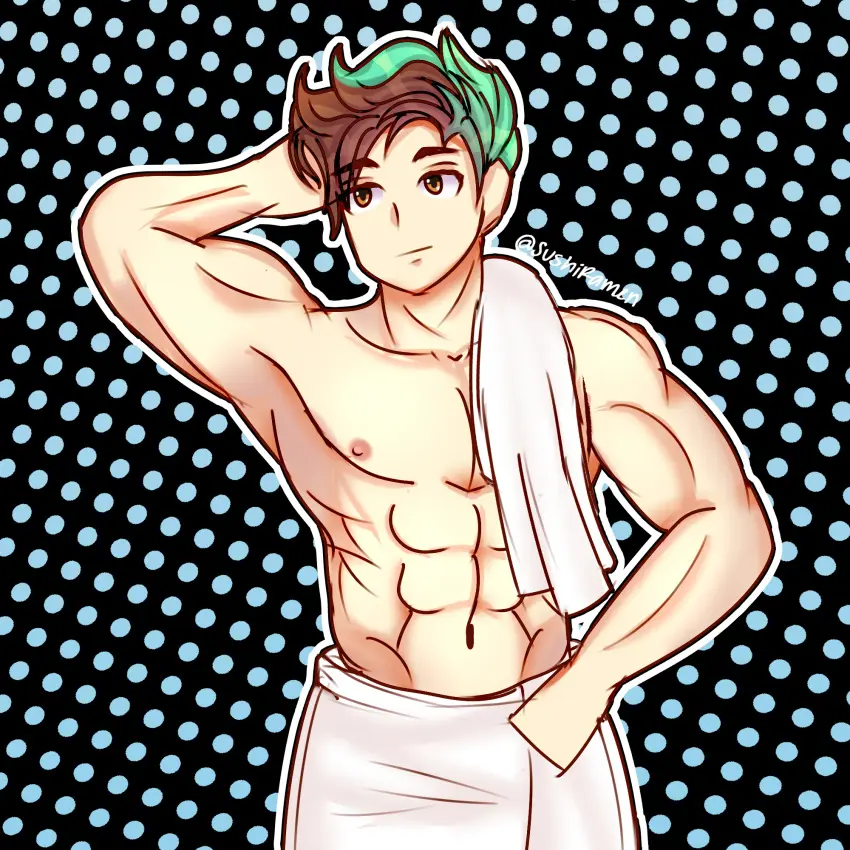 Image nipples,male,short_hair,male_only,shading,original_character,brown_hair,gay,self_upload,oc,sketch,towel,muscles,no_visible_genitalia,green_highlights,hazel_eyes,hand_behind_head,towel_only,towel_on_shoulder,towel_around_waist,cute_boy,white_towel,dotted_background,no_fingers