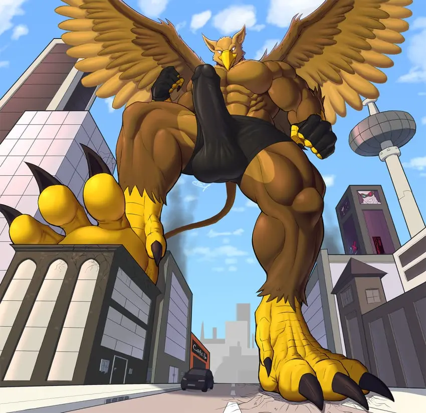 Image clothing,solo,male,penis,tail,yellow_eyes,erection,humanoid_penis,muscular,muscular_male,male_only,balls,feathered_wings,feathers,wings,anthro,mythology,testicles,alternate_version_available,fur,genitals,claws,5_fingers,fingerless_gloves,avian,humanoid_genitalia,brown_fur,boner,mythological_creature,brown_body,mostly_nude,macro,city,4_toes,vehicle,destruction,car,talons,gryphon,mythological_avian,trunks_(clothing),e-zoid,barbed_corona_glans,carpo,rampage