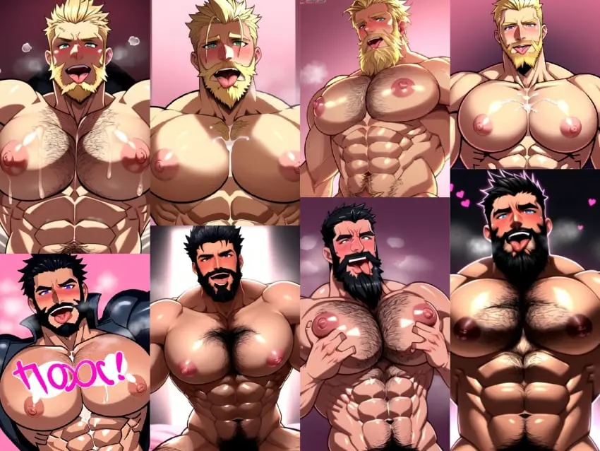 Image black_hair,blue_eyes,cum,cum_in_mouth,male,tongue_out,muscular,muscular_male,2boys,ai_generated,yaoi,milk,blonde_hair,green_eyes,ahe_gao,gay,bara,comic,pecs,big_nipples,oc,pectorals,beard,orgasm_face,dilf,pink_background,bodybuilder,collage,tattoo_on_chest,compilation,pec_squeeze,pec_job
