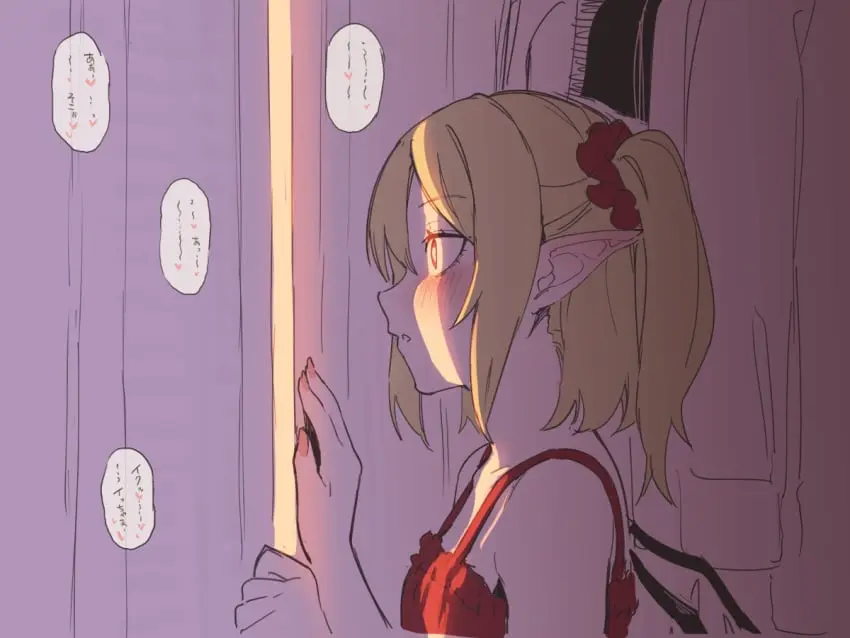 Image 1girls,blush,female,touhou,blonde_hair,pointy_ears,curtains,translation_request,wide_eyed,implied_sex,blushing,watching,peeping,watching_sex,flandre_scarlet,peeping_tom,asutora