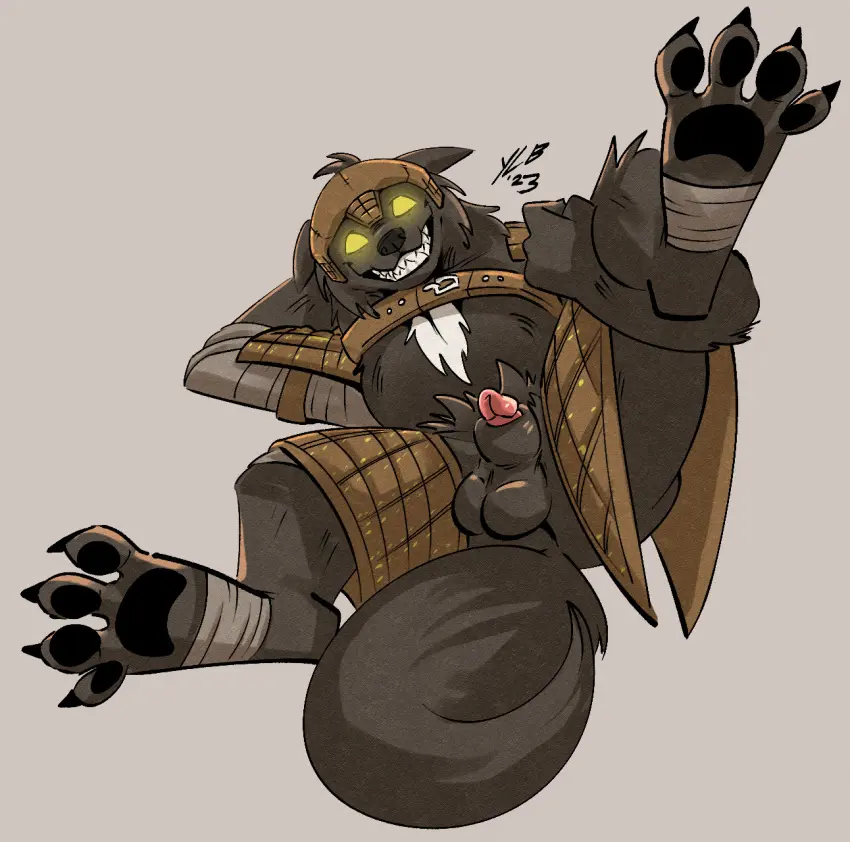 Image 2023,hi_res,looking_at_viewer,simple_background,smile,solo,male,penis,digital_media_(artwork),headgear,balls,anthro,spread_legs,spreading,mythology,canid,canine,canis,genitals,mammal,wolf,paws,half-erect,animal_genitalia,sheath,mythological_canine,mythological_creature,were,werecanid,werecanine,werewolf,armor,helmet,yellowluster