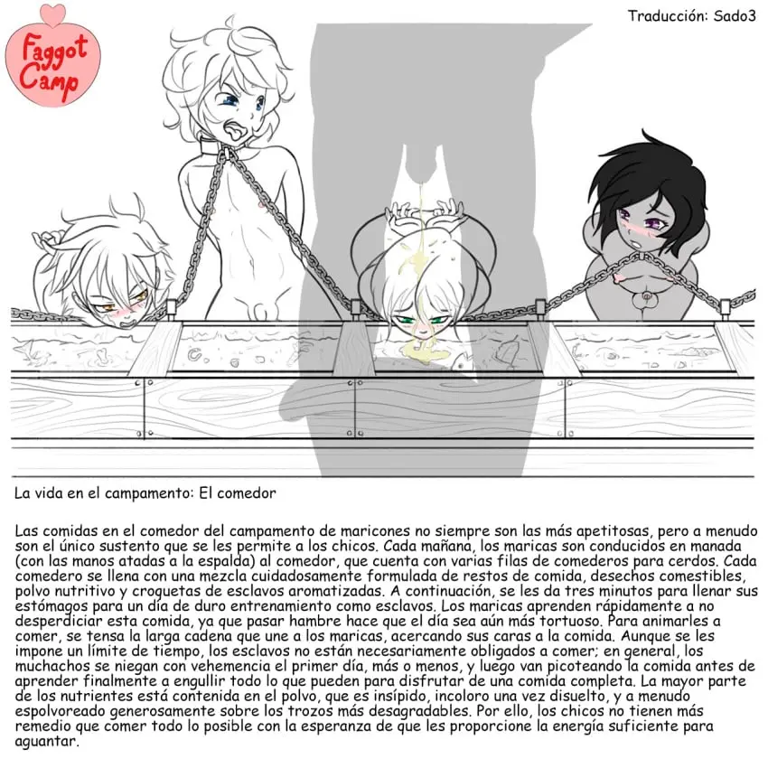 Image male,femboy,2d,text,naked,monochrome,humiliation,submissive_male,torture,spanish_text,degradation,chains,peeing,malesub,eating,slave,5boys,urine,faggot_camp,orjalaiva