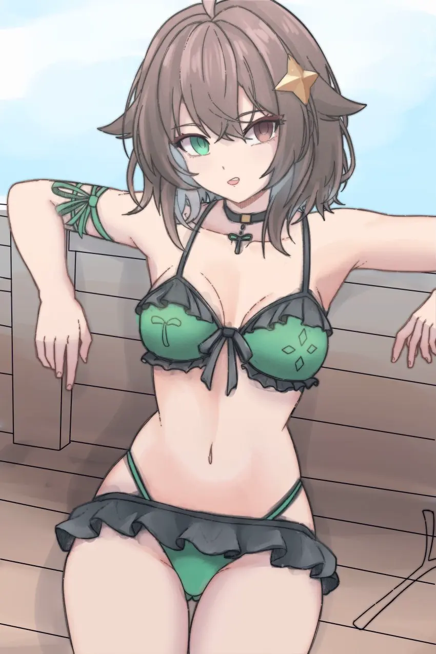 Image 1girls,breasts,female,female_only,highres,light-skinned_female,light_skin,looking_at_viewer,simple_background,solo,short_hair,bikini,bra,female_focus,small_breasts,virtual_youtuber,belly_button,solo_female,solo_focus,vtuber,2d,sitting,swimsuit,brown_hair,outdoors,miniskirt,skirt,hourglass_figure,revealing_clothes,alternate_costume,heterochromia,2d_(artwork),young,high_resolution,thong,front_view,younger_female,fully_clothed,green_bikini,thong_bikini,two_piece_swimsuit,latam_virtual_youtuber,meica,former_idol_corp_member,idol_corp,idol_es