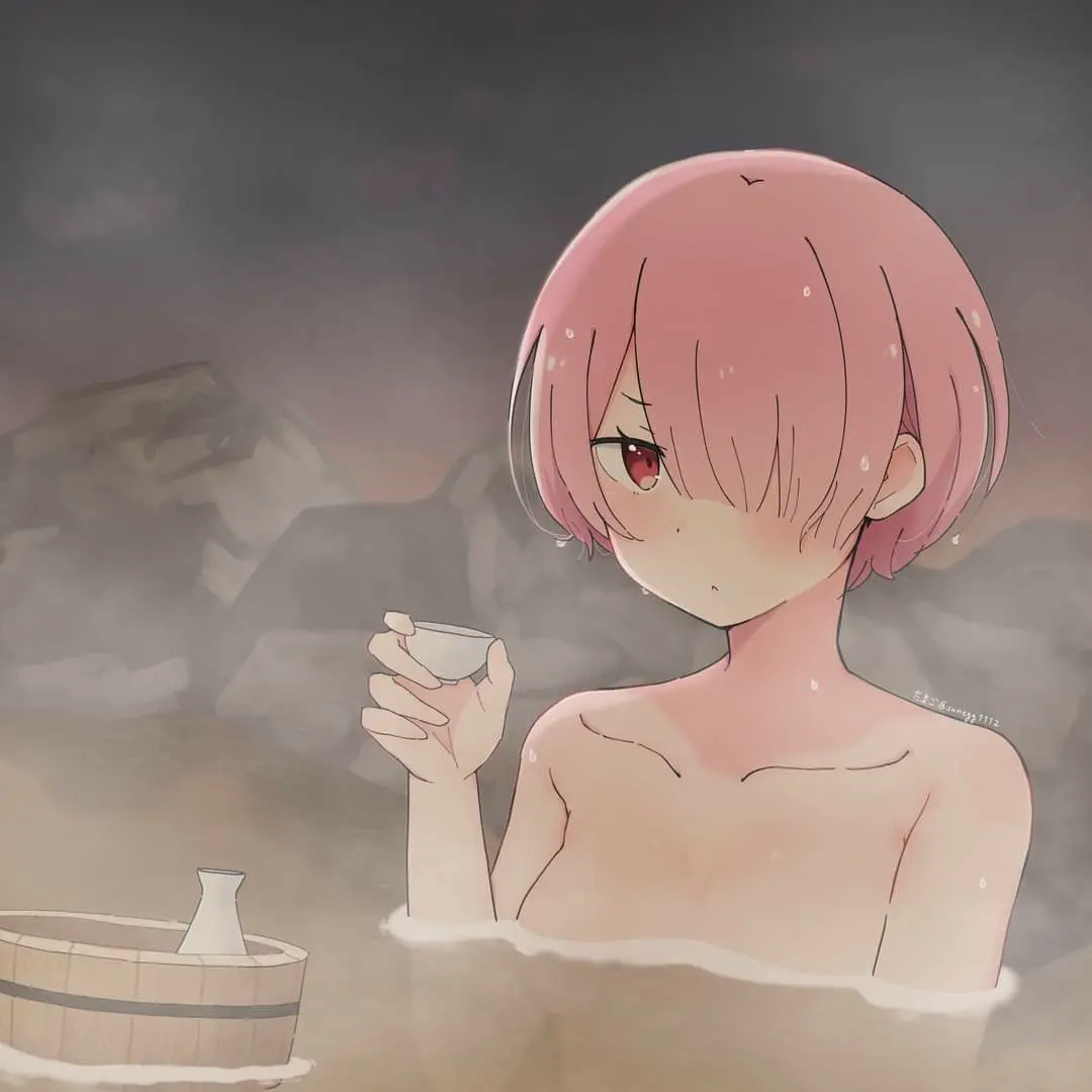 Image female,female_only,red_eyes,pink_hair,re:zero_kara_hajimeru_isekai_seikatsu,onsen,bucket,ram_(re:zero),sake_cup
