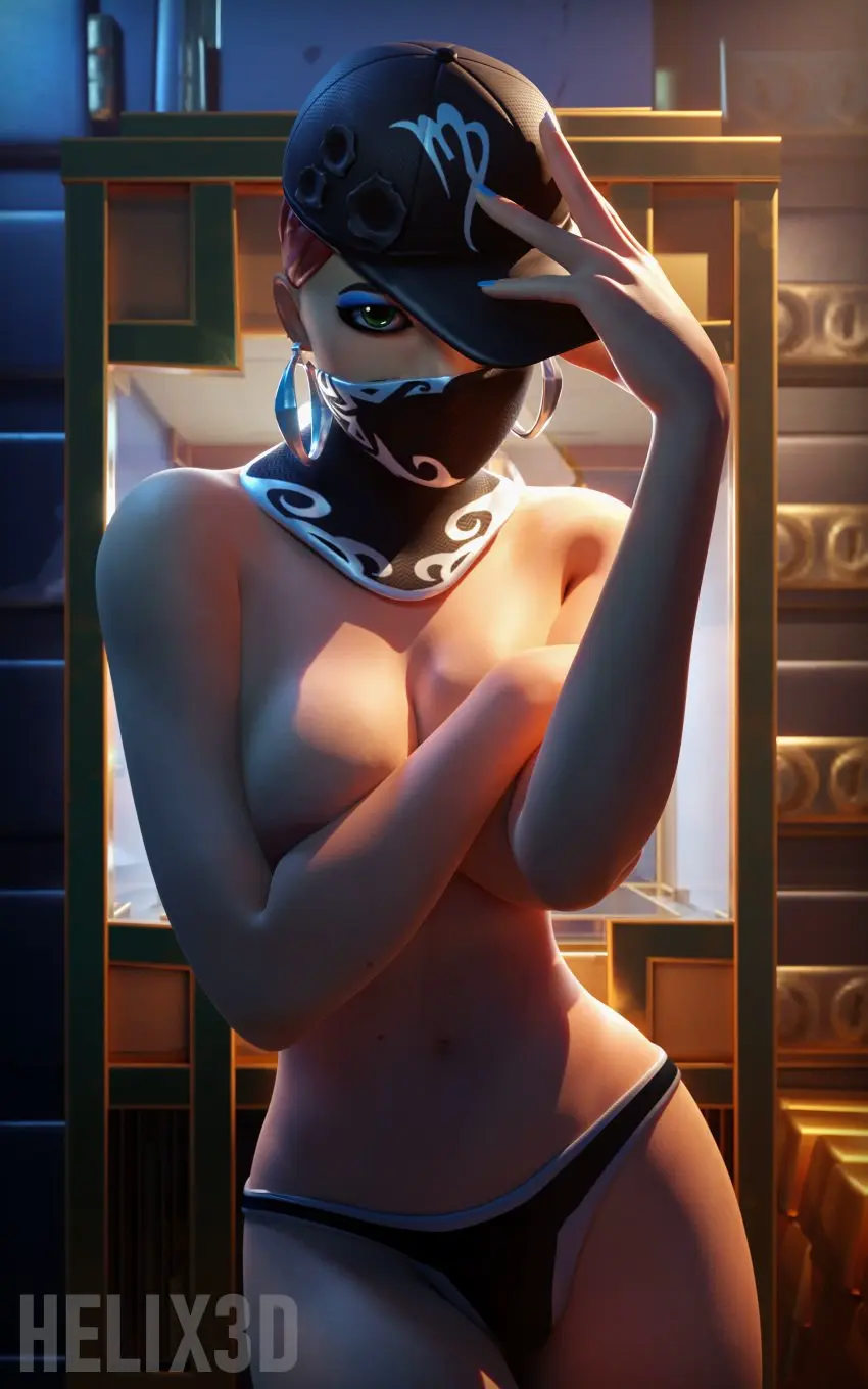 Image hat,fortnite,3d,topless,partially_clothed,covering_breasts,biz_(fortnite),helix3d
