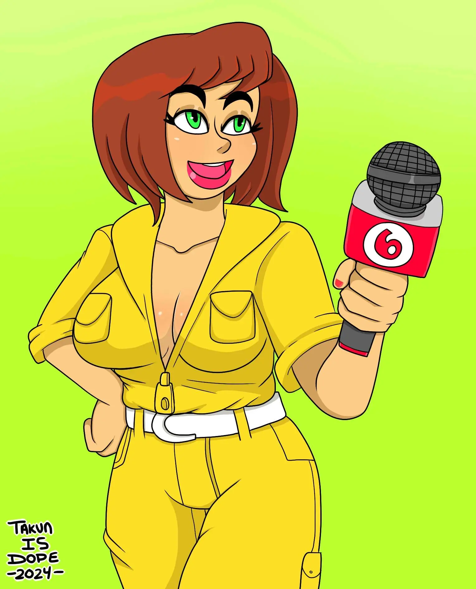 Image 1girls,big_breasts,breasts,female,female_only,solo,artist_name,cleavage,text,green_eyes,brown_hair,april_o'neil,april_o'neil_(tmnt_1987),teenage_mutant_ninja_turtles,2024,microphone,painted_nails,sfw,tmnt,tmnt_1987,jumpsuit,dopeisnukat,yellow_jumpsuit