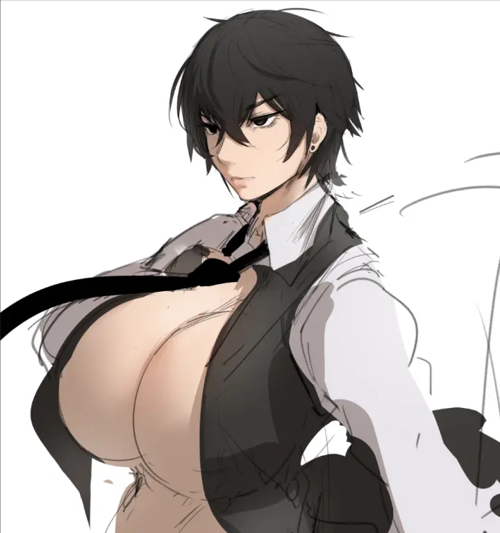 Image 1girls,breasts,female,solo,black_hair,short_hair,solo_female,huge_breasts,upper_body,venus_body,emotionless_female,kunaboto,kurogane_(kunaboto)
