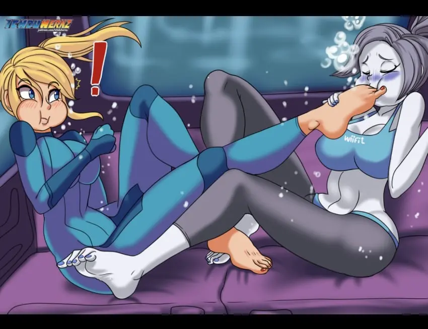 Image blush,breasts,female,female_only,2girls,multiple_girls,feet,foot_fetish,surprised,metroid,samus_aran,underwater,wii_fit_trainer,ichduhernz,air_bubbles,holding_breath,foot_in_mouth