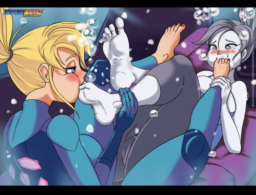 Image blush,breasts,female,female_only,2girls,multiple_girls,feet,foot_fetish,soles,yuri,metroid,samus_aran,underwater,wii_fit_trainer,ichduhernz,air_bubbles,holding_breath,foot_in_mouth