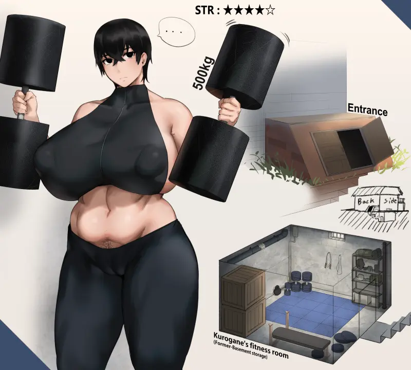 Image breasts,female,solo,muscular,huge_breasts,curvy_figure,emotionless,nipples_visible_through_clothing,muscular_female,hairy_pussy,muscles,venus_body,gym_clothes,training,kunaboto,kurogane_(kunaboto)