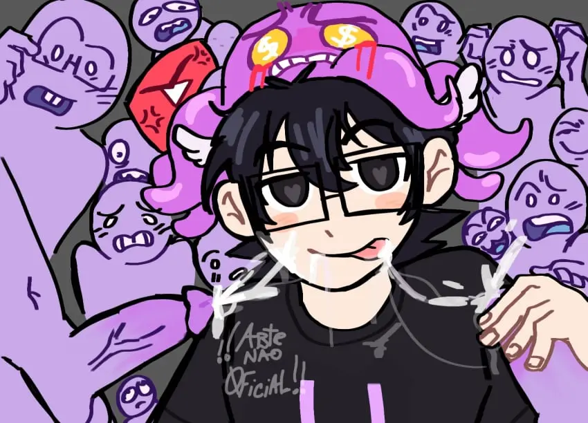 Image human,smile,black_hair,cum,cum_in_mouth,cum_on_face,heart-shaped_pupils,male,tongue_out,tongue,smiling,smiling_at_viewer,yaoi,smile_at_viewer,youtube,gay,black_eyes,gangbang,youtuber,black_shirt,brazilian,human_male,wings_on_head,squid,homosexual,hellsex,saikomene