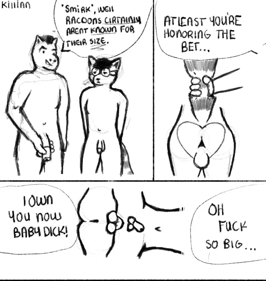 Image hi_res,smile,male,penis,tail,ass,duo,2boys,male/male,male_only,balls,eyewear,glasses,anthro,anus,penis_size_difference,small_penis,presenting,comic,humiliation,ball_size_difference,genitals,mammal,sketch,raccoon,presenting_hindquarters,humanoid_genitalia,smirk,animal_genitalia,animal_penis,equine_genitalia,equid,equine,horse,equine_penis,procyonid,backsack,small_penis_humiliation,comparing,comparing_penis,tail_grab,small_balls,lost_bet,penis_humiliation,check_tag_type,penis_envy