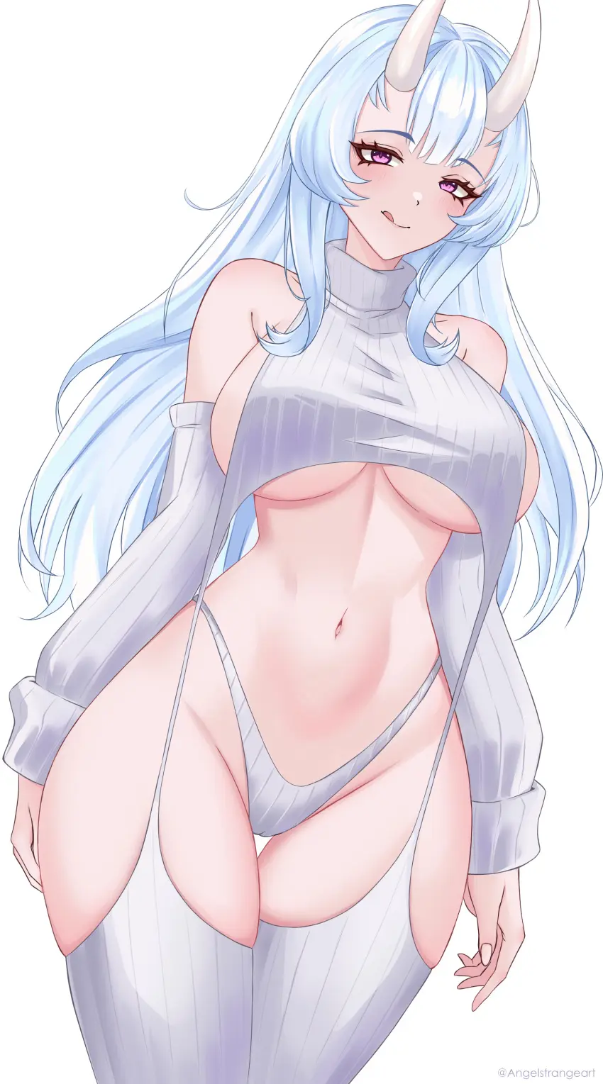 Image 1girls,big_breasts,breasts,female,female_only,highres,large_breasts,light-skinned_female,light_skin,long_hair,looking_at_viewer,simple_background,solo,white_background,white_hair,absurdres,navel,thighhighs,female_focus,voluptuous,virtual_youtuber,horns,belly_button,midriff,solo_female,solo_focus,thigh_gap,vtuber,2d,pink_eyes,voluptuous_female,purple_eyes,hourglass_figure,2d_(artwork),thong,front_view,sweater,indie_virtual_youtuber,meme_attire,vtuberfanart,suggestive,suggestive_look,virgin_killer_sweater,virgin_destroyer_sweater,anastasia_white,angelstrangeart