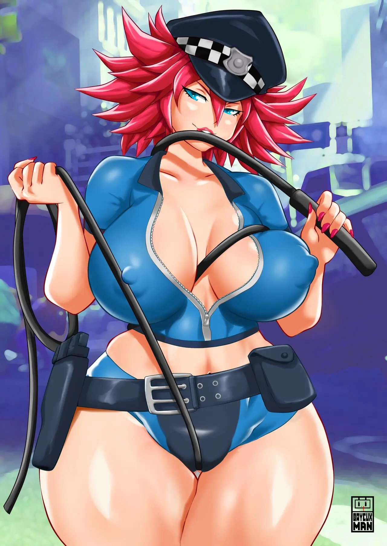 Image 1girls,breasts,female,smile,huge_ass,huge_breasts,swimsuit,cameltoe,alternate_costume,belt,abs,peaked_cap,nipple_bulge,zipper,street_fighter,short_shorts,police_uniform,whip,policewoman,final_fight,poison_(final_fight),zipper_down,police_hat,bayeuxman