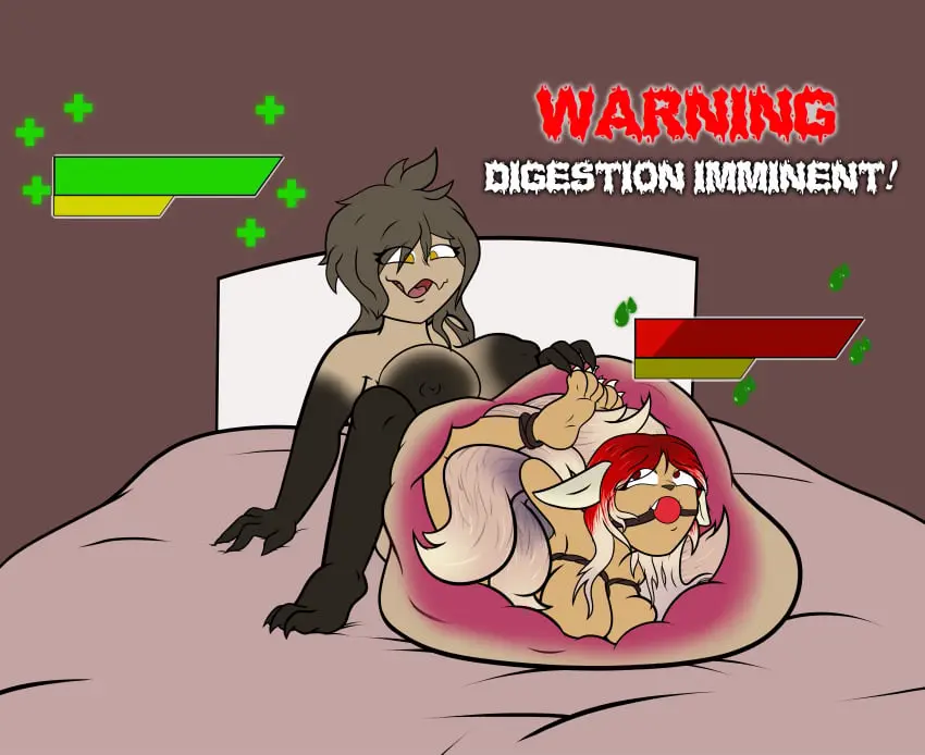Image big_breasts,breasts,female,pokemon,pokemon_(species),big_belly,huge_belly,naked,bed,dialogue,fox_girl,scared_expression,bondage,naked_female,chubby,chubby_female,big_areola,fox,gag,gagged,vore,digestion,predator/prey,prey,vore_belly,chubby_belly,hp_bar,mimikyu,gamsobart_(artist),imminent_digestion