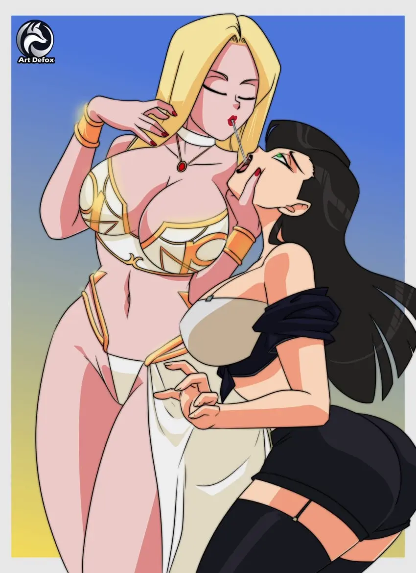 Image big_breasts,breasts,female,black_hair,choker,hips,artist_name,bare_shoulders,belly_button,cleavage,midriff,blonde_hair,green_eyes,goddess,closed_eyes,black_hair_female,domination,partially_clothed,thong,blonde_female,dominant_female,femsub,queen,painted_nails,femdom,dominatrix,spit,exposed_belly,holding_face,spitting_in_mouth,queen_miko,partially_visible_pussy,swallowing_spit