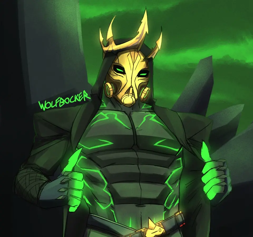 Image looking_at_viewer,solo,1boy,gloves,male,muscular,male_only,fortnite,green_eyes,glowing_eyes,pecs,belt,bodysuit,fingerless_gloves,abs,fortnite:_battle_royale,hood,armor,crown,open_jacket,looking_down_at_viewer,leather_jacket,hades,hades_(fortnite),opening_jacket,armored,glowing_green_eyes,wolfbocker,gold_gas_mask,green_sky