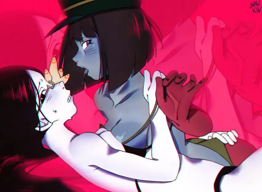 Image female,female_only,2girls,multiple_girls,white_skin,humanoid,yuri,white_body,ena,ena_(series),joel_g,coral_glasses,dream_bbq,ena_(dream_bbq),human_ena_(dream_bbq),shukilnashuki
