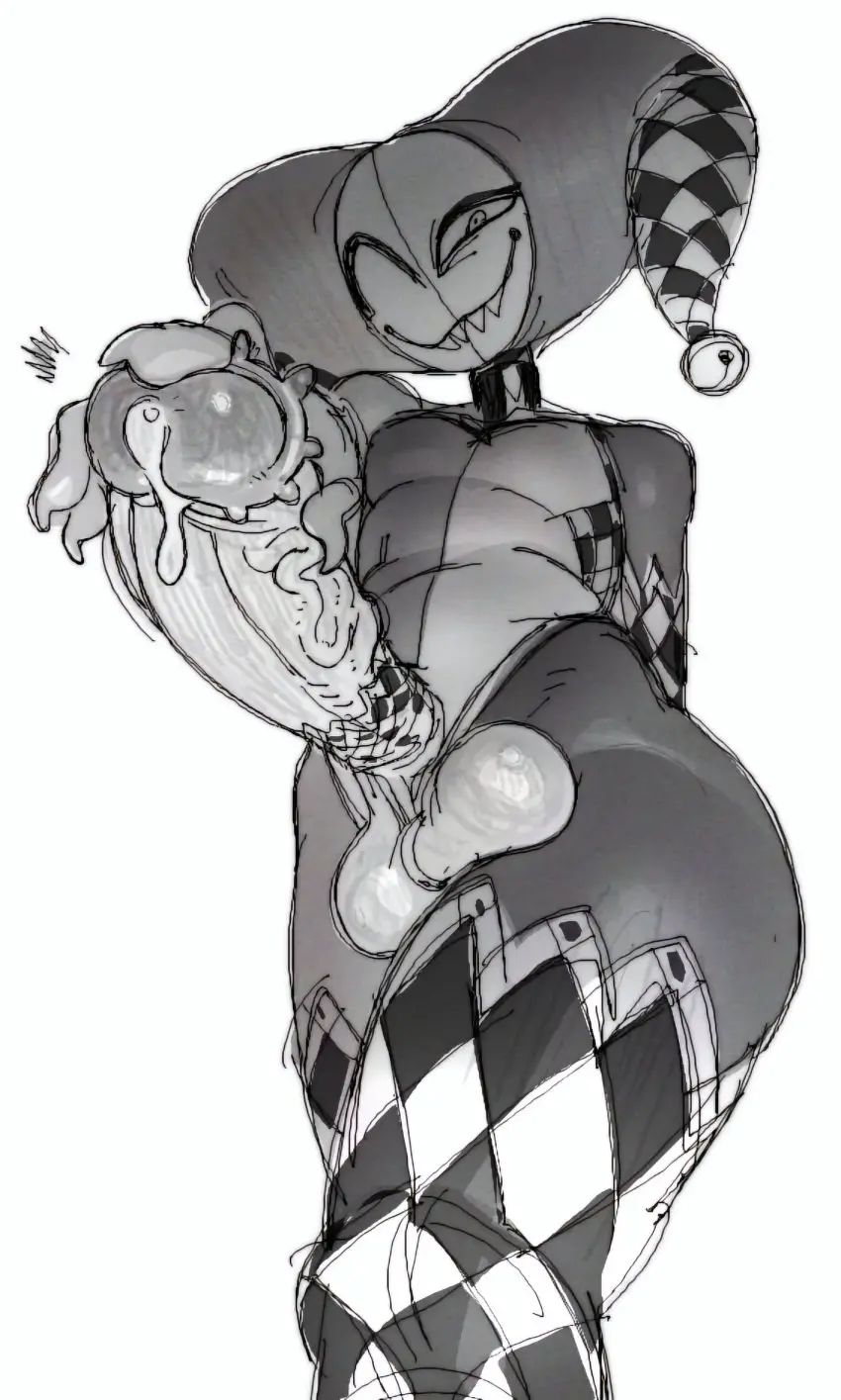 Image 1boy,male,penis,thighhighs,femboy,balls,one_eye_closed,original_character,sharp_teeth,big_balls,precum,claws,large_penis,solo_male,leotard,mask,spiked_penis,jester,jester_outfit,jester_hat,danoosecallin,jester_(jokioro)