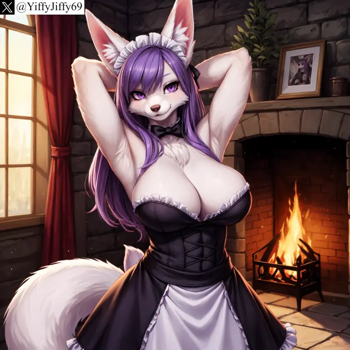 Image bow,breasts,female,large_breasts,long_hair,looking_at_viewer,smile,solo,animal_ears,tail,furry,watermark,armpits,ai_generated,arms_behind_head,artist_name,cleavage,anthro,furry_female,twitter,stable_diffusion,purple_eyes,purple_hair,indoors,maid,canine,snout,wolf,maid_headdress,window,white_fur,twitter_username,animal_nose,fireplace,yiffyjiffy69