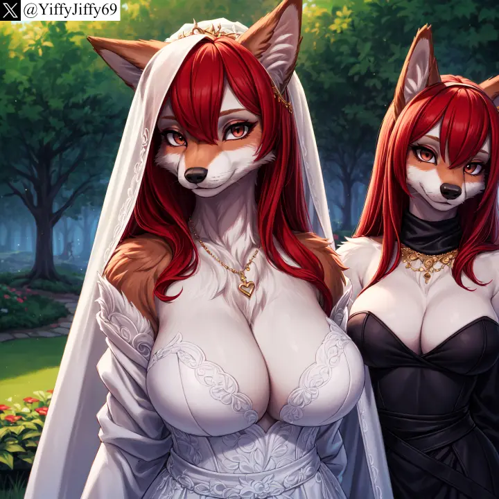 Image breasts,female,large_breasts,long_hair,looking_at_viewer,red_eyes,smile,2girls,animal_ears,bangs,multiple_girls,red_hair,furry,watermark,ai_generated,artist_name,bare_shoulders,cleavage,jewelry,anthro,furry_female,twitter,stable_diffusion,dress,necklace,hair_between_eyes,outdoors,white_dress,canine,closed_mouth,black_dress,tree,wolf_ears,fox,twitter_username,wedding_dress,veil,yiffyjiffy69