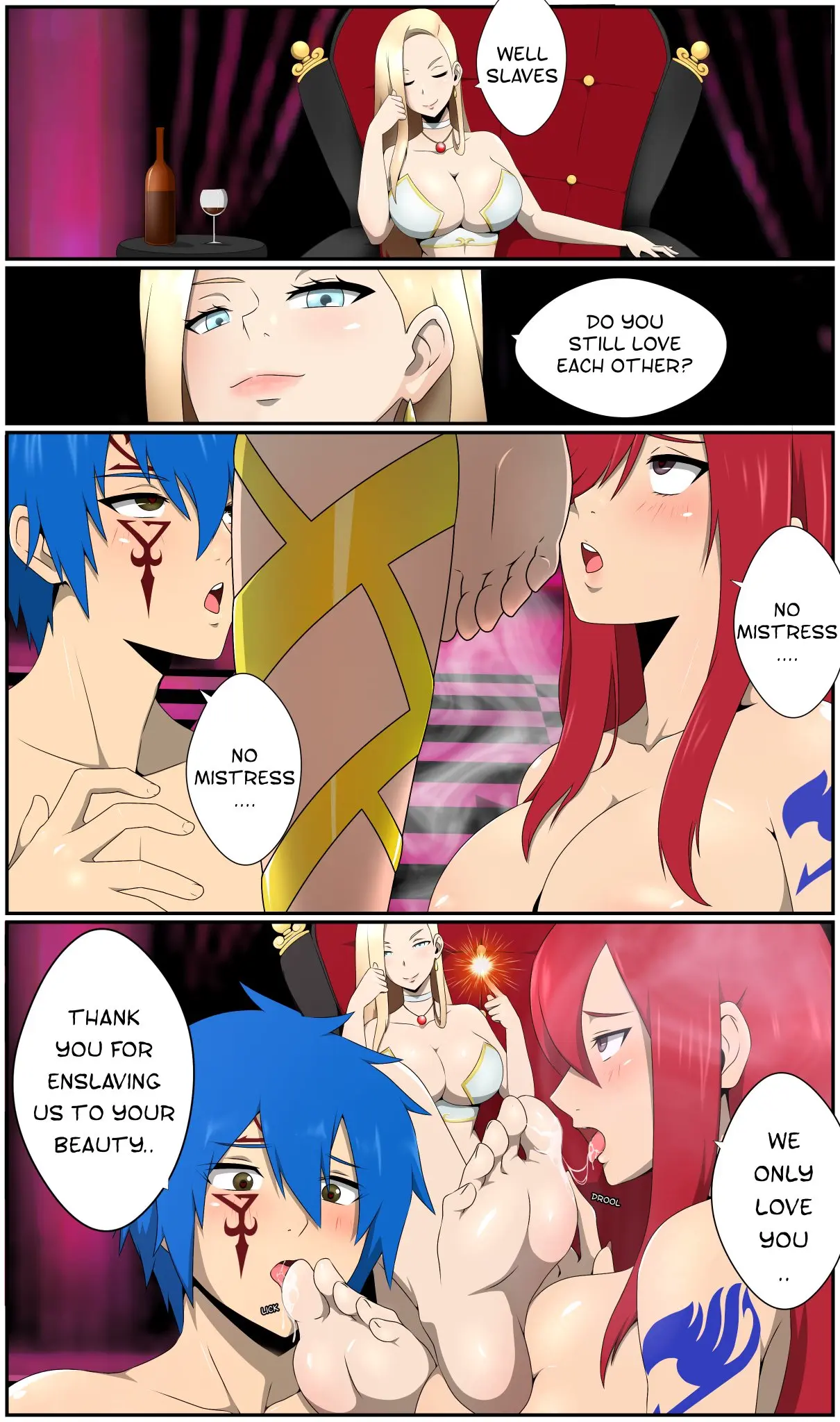 Image big_breasts,blush,breasts,female,blue_hair,male,red_hair,barefoot,feet,artist_name,cleavage,saliva_string,blonde_hair,naked,foot_fetish,goddess,sitting,comic,domination,submissive_male,submission,submissive_female,naked_female,blonde_female,dominant_female,queen,saliva_drip,saliva_trail,femdom,naked_male,sitting_on_chair,slaveboy,tatoos,dominatrix,crossed_legs,slave,erza_scarlet,fairy_tail,legs_crossed,slavegirl,multiple_subs,throne,sitting_on_throne,licking_feet,steamy_feet,one_dom_two_subs,queen_miko,foot_licking,jellal_fernandes