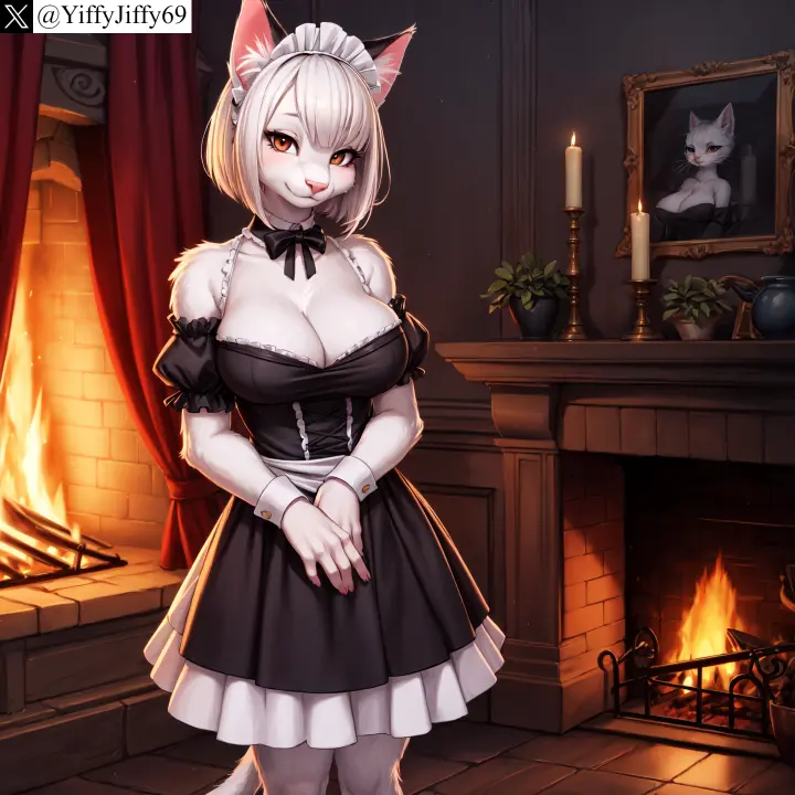 Image bow,breasts,female,large_breasts,looking_at_viewer,red_eyes,smile,solo,white_hair,animal_ears,short_hair,tail,furry,cat_ears,cat_girl,watermark,ai_generated,artist_name,cleavage,anthro,furry_female,twitter,stable_diffusion,dress,cat_tail,detached_sleeves,indoors,maid,maid_headdress,feline,body_fur,white_fur,fire,domestic_cat,twitter_username,candle,black_bow,wrist_cuffs,fireplace,yiffyjiffy69