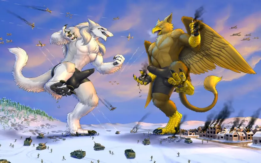 Image clothing,long_hair,white_hair,male,penis,tail,yellow_eyes,duo,erection,humanoid_penis,muscular,muscular_male,2boys,male_only,balls,hair,feathered_wings,feathers,wings,anthro,mythology,testicles,alternate_version_available,fur,genitals,mammal,claws,5_fingers,white_body,fingerless_gloves,4_fingers,avian,humanoid_genitalia,brown_fur,boner,mythological_creature,brown_body,white_fur,mostly_nude,macro,stomping,micro,4_toes,military,destruction,battle,snow,talons,gryphon,mythological_avian,sergal,truck_(vehicle),village,soldier,airplane,trunks_(clothing),tank,world_war_2,barbed_corona_glans,carpo,kill_the_sergal,rollwulf