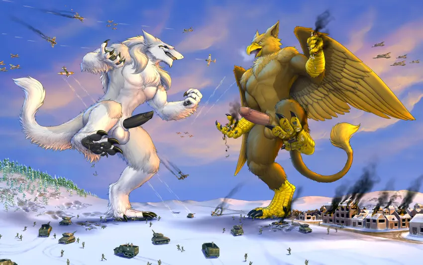 Image long_hair,white_hair,male,nude,penis,tail,yellow_eyes,duo,erection,humanoid_penis,muscular,muscular_male,2boys,male_only,balls,hair,feathered_wings,feathers,wings,anthro,mythology,testicles,alternate_version_available,fur,genitals,mammal,claws,5_fingers,white_body,4_fingers,avian,humanoid_genitalia,brown_fur,mythological_creature,brown_body,white_fur,black_penis,macro,stomping,micro,4_toes,military,destruction,battle,snow,talons,gryphon,mythological_avian,sergal,truck_(vehicle),village,soldier,airplane,tank,world_war_2,barbed_corona_glans,carpo,kill_the_sergal,rollwulf