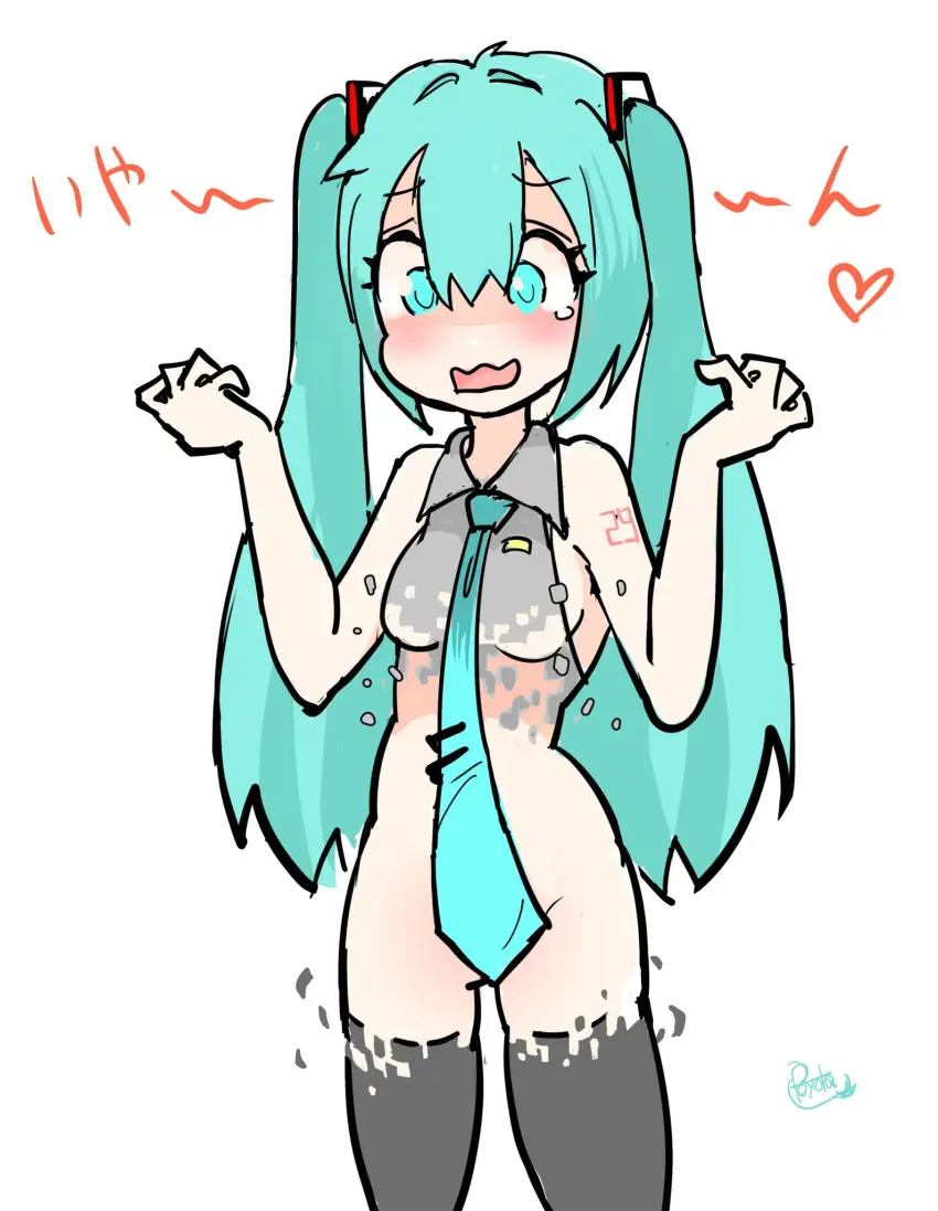 Image 1girls,blush,breasts,female,convenient_censoring,embarrassed,tagme,hatsune_miku,vocaloid,tears,censored_nipples,disappearing_clothes,mikuroid