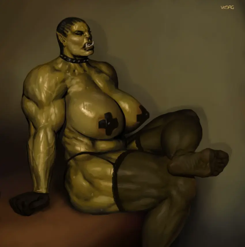 Image breasts,female,muscular,solo_focus,foot_fetish,green_skin,pasties,legwear,abs,muscular_female,orc,muscles,black_thighhighs,muscular_arms,muscular_thighs,back_muscles,orc_female,x_pasties,vkorg