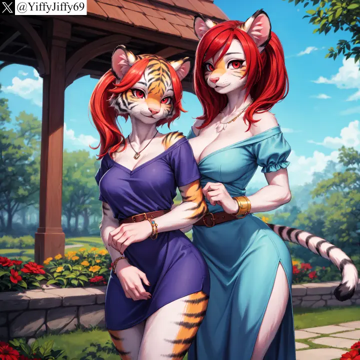 Image breasts,cowboy_shot,female,large_breasts,long_hair,looking_at_viewer,red_eyes,smile,standing,2girls,animal_ears,bangs,multiple_girls,tail,red_hair,furry,animal_ear_fluff,watermark,sky,ai_generated,artist_name,bare_shoulders,cleavage,collarbone,jewelry,anthro,furry_female,twitter,stable_diffusion,dress,cloud,necklace,outdoors,closed_mouth,short_sleeves,off_shoulder,flower,bracelet,belt,feline,tree,orange_fur,white_fur,blue_sky,day,blue_dress,tiger,grass,twitter_username,bush,yiffyjiffy69,side_slit,tiger_ears,tiger_girl,tiger_tail,white_tiger