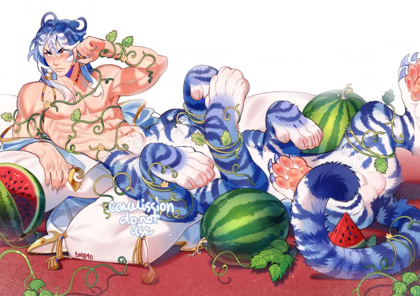 Image blush,highres,long_hair,nipples,simple_background,solo,white_background,white_hair,1boy,animal_ears,blue_hair,male,tail,lying,on_back,furry,multicolored_hair,orange_eyes,muscular,arms_up,artist_name,balls,parted_lips,original,testicles,hair_between_eyes,claws,english_text,male_focus,pillow,abs,blue_fur,full_body,commission,slit_pupils,plant,white_fur,toned,monster_boy,food,fruit,toned_male,multi_limb,taur,tauric_creature,looking_to_the_side,vines,hashtag-only_commentary,multi_leg,tiger_ears,tiger_tail,colored_tips,watermelon,watermelon_slice,tiger_boy,centauroid,bombyoon,multi_taur